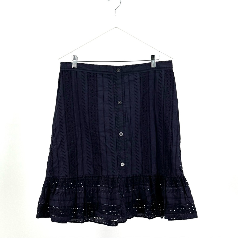 LOFT Navy Blue Tiered Eyelet Cotton Trumpet Flare Hem Lined Skirt Size 16